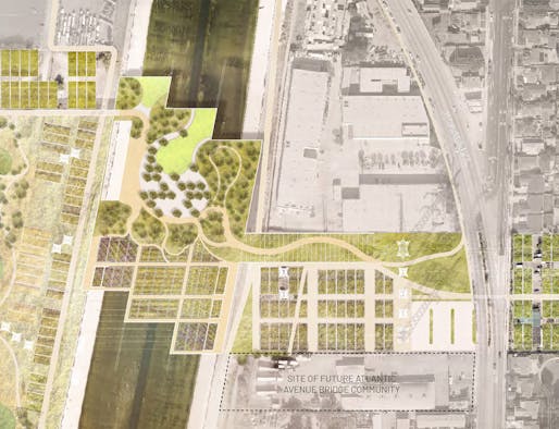 Example design linking the greenways across the LA River and the 710 Interstate with a platform and a pedestrian bridge. Image via The LA River Master Plan, courtesy Los Angeles County.