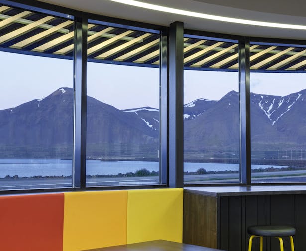 The restaurant offers panoramic views of the scenic Borgarfjörður