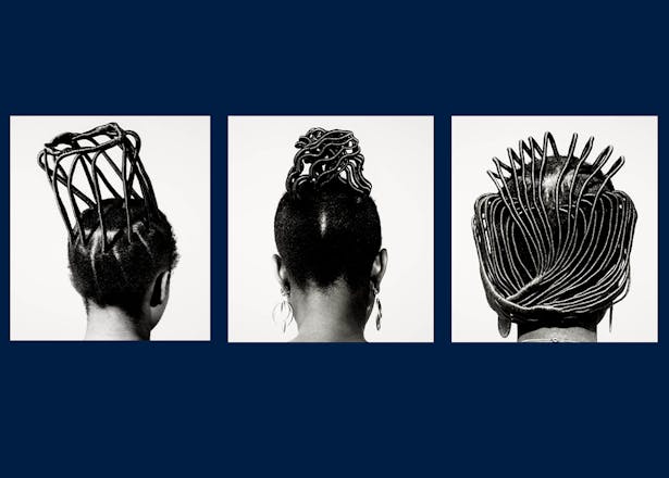 “Suko Sinero Kiko, from the series Hairstyles,” by J.D. Okhai Ojeikere, 1974, printed 2013. Gelatin silver print 60x50 cm. The Museum of Fine Arts, Houston. Museum purchase funded by the Caroline Wiess Law Accessions Endowment Fund, 2019.413.7. IMAGE: J.D. OKHAI OJEIKERE / COURTESY GALLERY FIFTY ONE