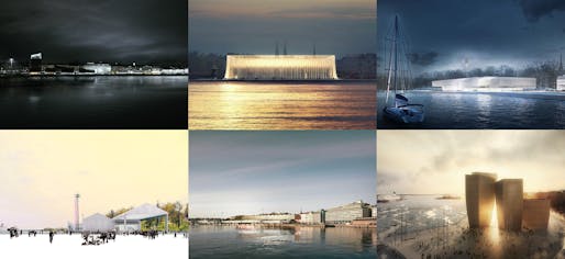 The six shortlisted designs in the hugely popular Guggenheim Helsinki architectural competition. (Image via designguggenheimhelsinki.org)