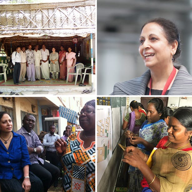 IMAGES, clockwise from upper right: * Geeta Mehta - photographed by Sytse de Maat * Women in Amaravati incentivized through Social Capital Credits (SoCCs) to design and become custodians for the public spaces in their village - photographed by Geeta Mehta * A SoCCratic Dialogue with Abenaa Boateng and her Bantama Market community underway in Kumasi, Ghana - photographed by Joe Addo * User-designed and built housing in Tamil Nadu, supported by MSSRF and Asia Initiatives - photographed by Dr...