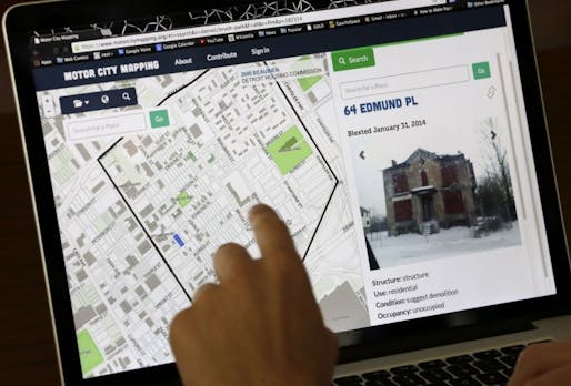 Detroit residents can now use a “blexting” app — short for blight texting — to send photos about derelict properties to a mapping database in Detroit. (AP Photo/Carlos Osorio; via nextcity.org)