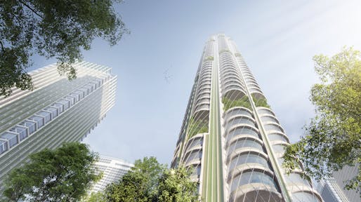 Rendering of SOM's <a href="https://archinect.com/news/article/150288141/som-unveils-vision-for-carbon-absorbing-cities-at-cop26">'Urban Sequoia'</a> concept which prominently features natural, carbon-sequestering building materials, including hempcrete. Rendering © SOM | Miysis