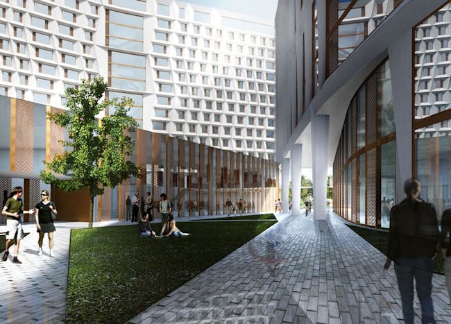 A rendering of the pathway shows the exterior of the Dining Commons