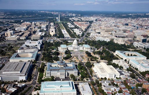 Aerial photo of Washington, D.C. where commuters spent a record number of 82 hours in traffic delays in 2014, according to the latest study by Texas A&M's Transportation Institute.