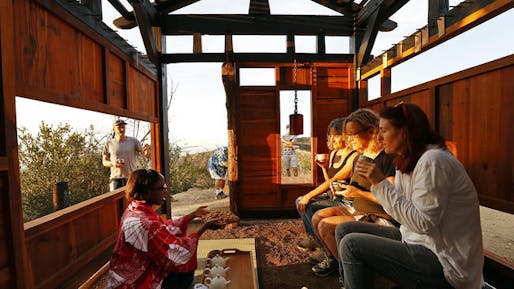 A teahouse built entirely of reclaimed, charred wood has been surreptitiously installed in Griffith Park overlooking Los Angeles. Credit: Al Seib/ Los Angeles Times