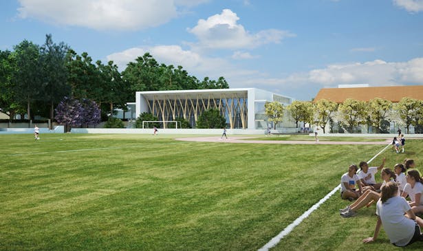 Athletic Center - View from playing field, The Archer School for Girls