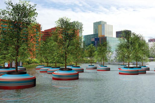 Rendering of the floating forest that will be 'planted' in Rotterdam's Rijnhaven downtown harbor basin next year. (Image via popupcity.net)