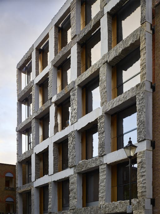 The rugged limestone exoskeleton of London's 15 Clerkenwell Close, designed by GROUPWORK, showed how stone can be an ancient and yet so controversial building material. Photo: Timothy Soar.