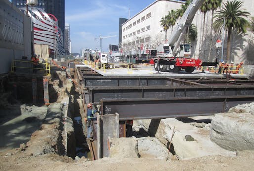 Photo showing subway construction along LA's Miracle Mile district in 2020. Photo courtesy of LA Metro/<a href="https://www.flickr.com/photos/metrola/">Flickr</a>