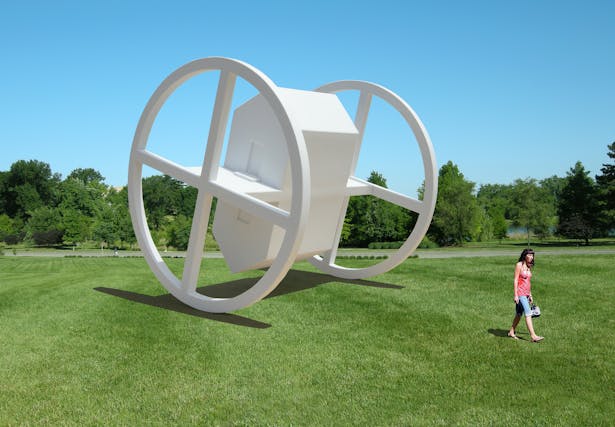 The House Flipper, as a large outdoor sculpture and/or photomontage.