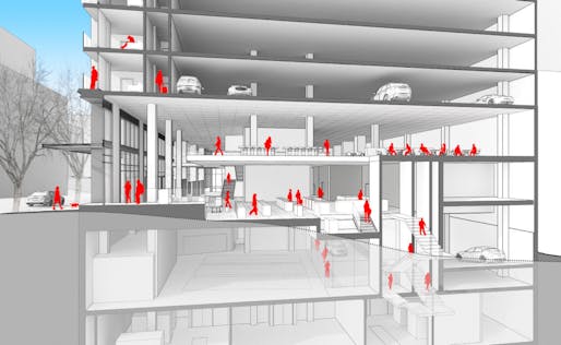 Designing parking garages, that can convert into housing as mobility habits and ownership models evolve over time, demands new approaches like LMN Architects' proposed Seattle tower at 4th and Columbia. (Image: LMN Architects; via wired.com)