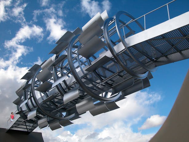 The Wind Tunnel Footbridge that rotates in the wind around the people who walk through it, at the same time it generates electricity from the wind for the community in which it is built.