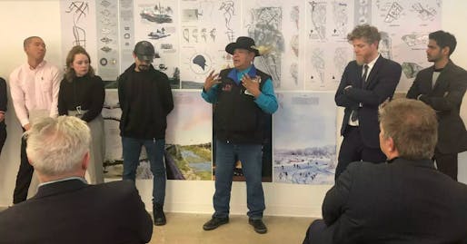 Instructors Hall Eagletail and Fabian Neuhaus during fall studio presentation. Image courtesy University of Calgary School of Architecture, Planning and Landscape.