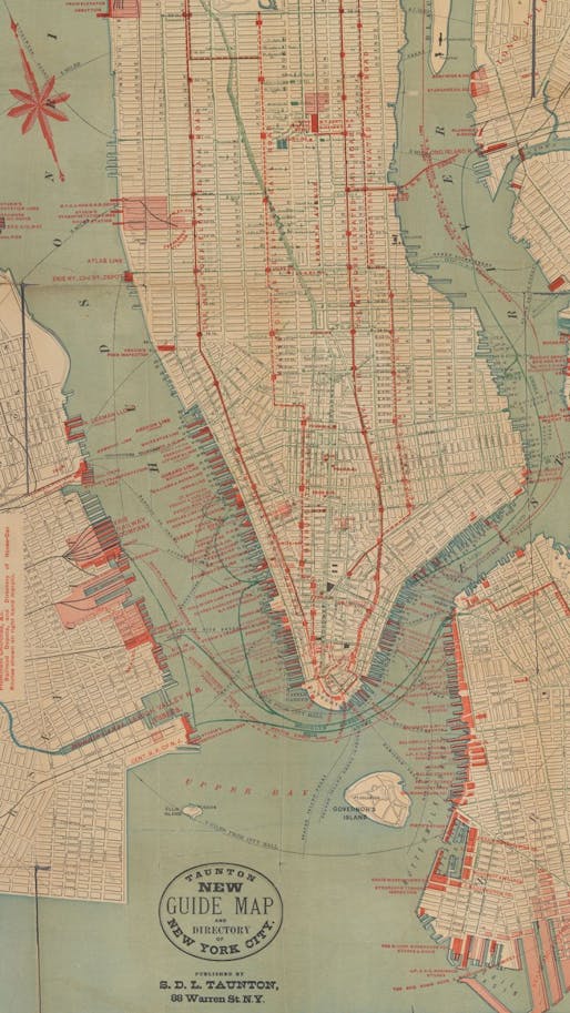 A map of the elevated (red) and horsecar (blue) lines in Manhattan, 1882 (Urban Omnibus; Image via NYPL)