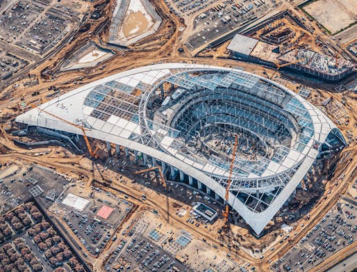 Aerial view of the SoFi Stadium construction site, the future home of the Los Angeles Rams and the Los Angeles Chargers. Image via Los Angeles Rams/Facebook.