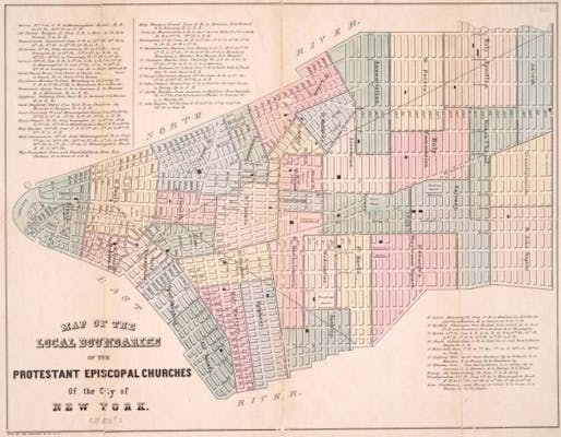 Map of the local boundaries of the Protestant Episcopal Churches of the City of New York | W. Endicott & Co. (lithographer), 1850 (via urbanomnibus.net)