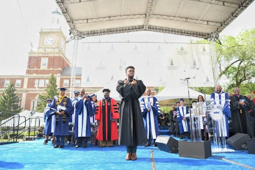 Chadwick Boseman pictured during Howard University 2018 Commencement Speech. Image <a href="https://thedig.howard.edu/all-stories/howard-university-names-college-fine-arts-after-iconic-alumnus-chadwick-boseman">courtesy of Howard University</a>.