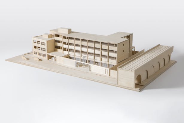 Architect's model of Cockpit Deptford showing the new public entrance from Creekside