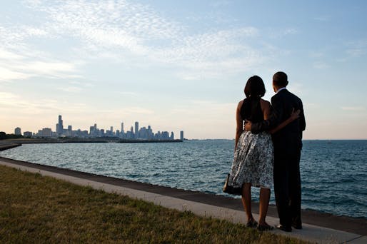 Michelle and Barack Obama looking at Chicago, where the presidential center will be located. Image via Wikipedia.