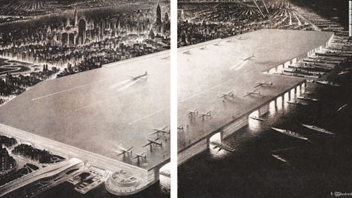 The 1945 proposed "Rooftop Airport" by William Zeckendorf, an above-water terminal that would have stretched from 24th to 71st street along the Hudson River and provided the same capacity as La Guardia airport. Image: Kickstarter