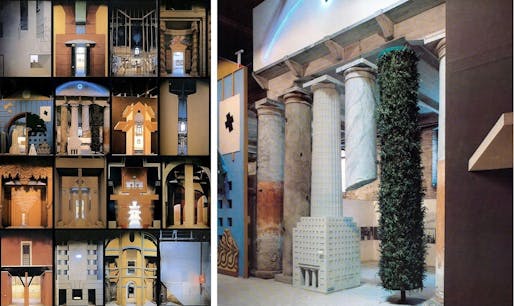 From left to right: Strada Novissima Venice Biennale, Italy, 1980: Ten of a total of twenty facades that were constructed in cardboard, wood, papier maché and plaster; Hans Hollein facade, from the Strada Novissima installation.