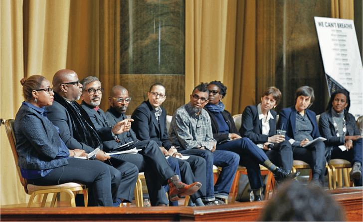 We Can’t Breathe event in Low Memorial Library, with (l-r) Mabel Wilson, Kendall Thomas, Vishaan Chakrabarti, Mario Gooden, V. Mitch McEwen, Dread Scott, Stacey Sutton, Suzanne Goldberg, Laura Kurgan, Kimberly Johnson, Reinhold Martin. Image courtesy of Columbia GSAPP.