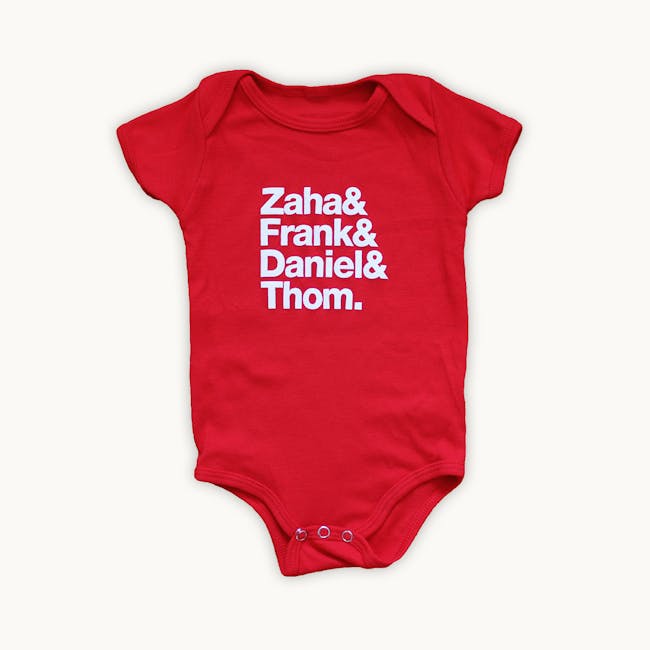 ZAHA & FRANK & DANIEL & THOM onesie by Tiny Modernism. Available in infant sizes 3-6 months, 6-12 months and 12-18 months.