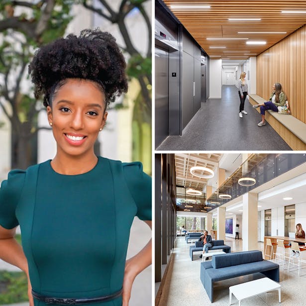 left: Rachel J. Bascombe, photograph by Kornelius Bascombe - right, top and bottom: UCLA Pritzker Hall Modernization, design and image courtesy of CO Architects