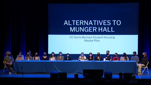 Still from the the June 1st forum on the UCSB Munger Hall Student Housing Proposal at Campbell Hall. Video via Campus Housing Alternatives for Munger Hall, Please! (CHAMP!) on YouTube.