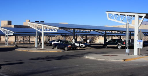 Solar panels atop a parking lot in Albuquerque, New Mexico. Image: J.N. Stuart <a href="https://www.flickr.com/photos/stuartwildlife/8402076067">Flickr</a>