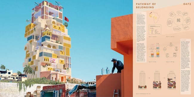 Honorable Mention: Pathway Of Belonging: Multi-Function Skyscraper In Morocco For Immigrants by Leonie Blum, Katharina Frank, Ritaj Albaje, Simon Sundin (Sweden)