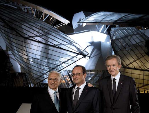 Bernard Arnault of the Fondation Louis Vuitton (right) with French President François Hollande (center) and the architect of his private museum, Frank Gehry (left). Image via theartnewspaper.com