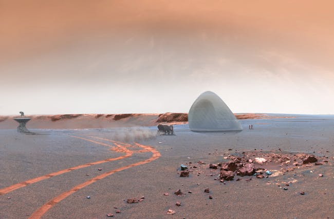 A transparent exterior ETFE membrane prevents the 3d printed ice shells from sublimating into the Martian atmosphere. Image © CloudsAO / SEArch.