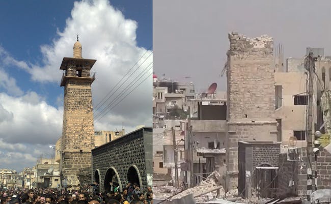 Before (2011) & After (2013) of the Omari Mosque in Deraa. Photo courtesy suic2011.wordpress.