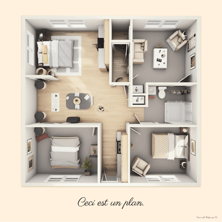 Figure 1: A (far from being perfect) AI-generated housing floor plan; almost a century after Magritte’s “Trahison des Images,” the reflection on the correspondence between meaning and form finds today an entirely new momentum. Image credit: Stanislas Chaillou using Midjourney