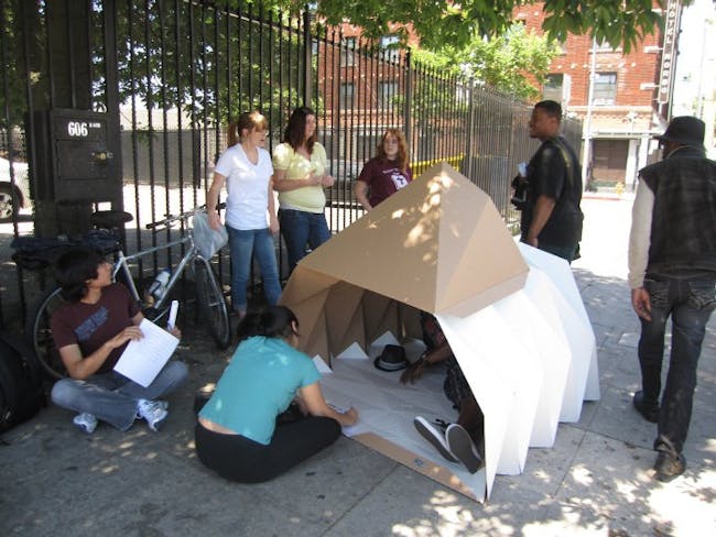 The Cardborigami team putting their innovation to the test at Skid Row in Los Angeles.