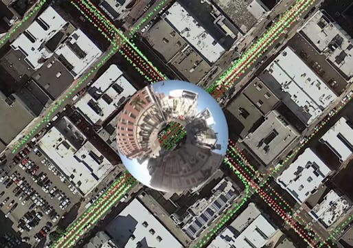 Inside Atlas, Google’s map-editing program, operators can see where Street View cameras have captured images (colored dots), and zoom in with a spyglass tool. (via wired.com; Image: Google Maps)