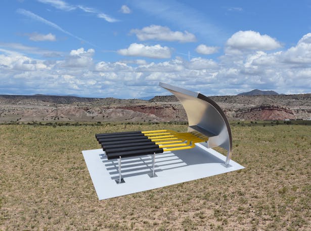 A sculpture that makes electricity from the sun and stores it in the black batteries for the local community.