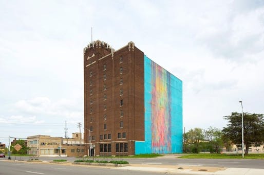 The courts will decide if Katherine Craig's 2009 Detroit mural The Illuminated Mural (the so-called "bleeding rainbow") enjoys protection under the federal Copyright Act or the building's owner can begin with redevelopment work. (Image: Auction.com)