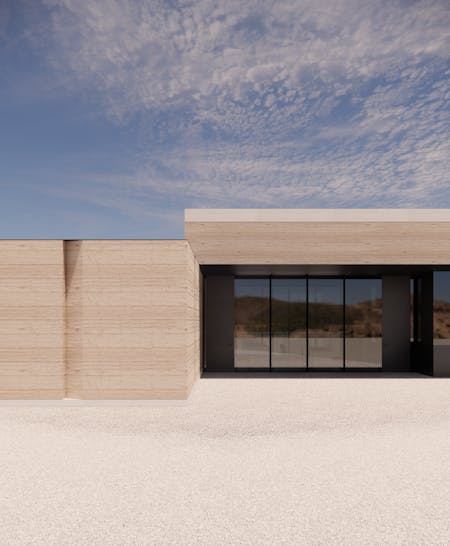 Building render of rammed earth enclosures - Am architectural research initiative led by The U.S. Department of State’s Bureau of Overseas Building Operations in collaboration with Studio Ma serving as the project's architects and project consultants. Image render courtesy of Studio Ma