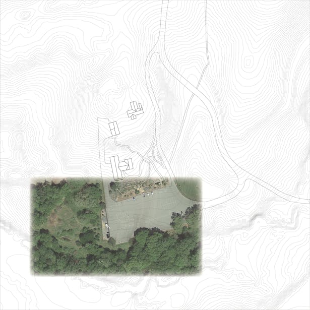 Site overview, located at the Botanical Gardens in Clemson, SC. The structure was to be build at the southwest corner of the parking lot, so that it was angled properly relative two trees that would be populated with the native Warbler birds in the Spring.