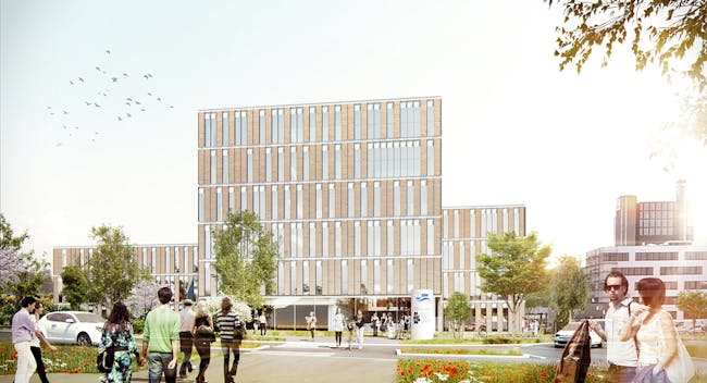 Exterior rendering of the new Center for Solar Energy and Hydrogen Research building in Stuttgart (Image: Henning Larsen Architects)