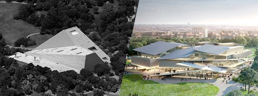 National Gallery and Ludwig Museum first-rank proposals - Left: Snøhetta AS (Image: tmrw.se) | Right: SANAA (Image courtesy of Liget Budapest Design Competition)