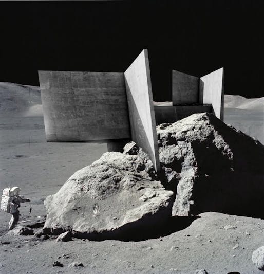 Proposal for a Lunar Temple #1, Brutalist. Image courtesy of NASA/Eugene Cernan, Alex Hogrefe.