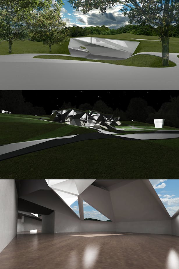 Storm King Artist Residency final stage - site/interior renderings (main entrance, from above (top); south-west facade, from below (middle); interior work space (bottom))