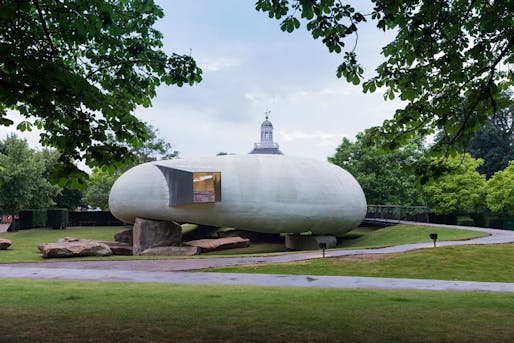 Smiljan Radic's space-egg Serpentine Pavilion from 2014 was purchased by Hauser and Wirth gallery and now sits in a meadow in Somerset. Photo: Iwan Baan