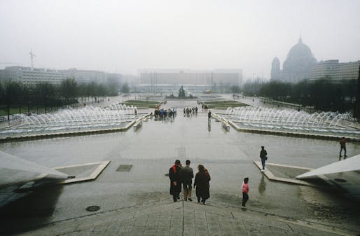 Photograph of the Palace of the Republic on a foggy day in 1989. It was demolished between 2006 and 2008. Photo: Harald Hauswald/OSTKREUZ.