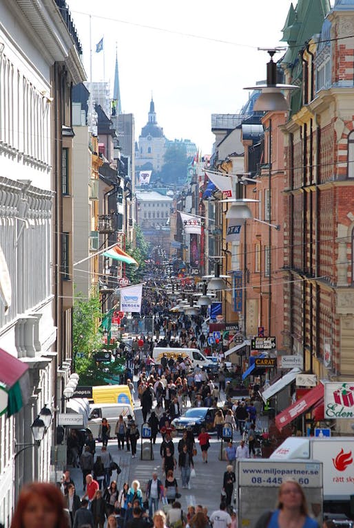 Stockholm's Drottninggatan pedestrian street. Photo by I99pema via Wikipedia.