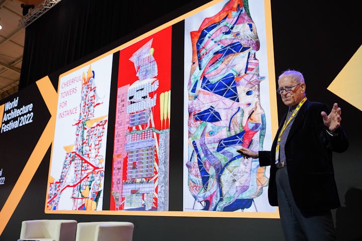 Keynote lecture by Sir Peter Cook at the 2022 World Architecture Festival. Image credit: World Architecture Festival